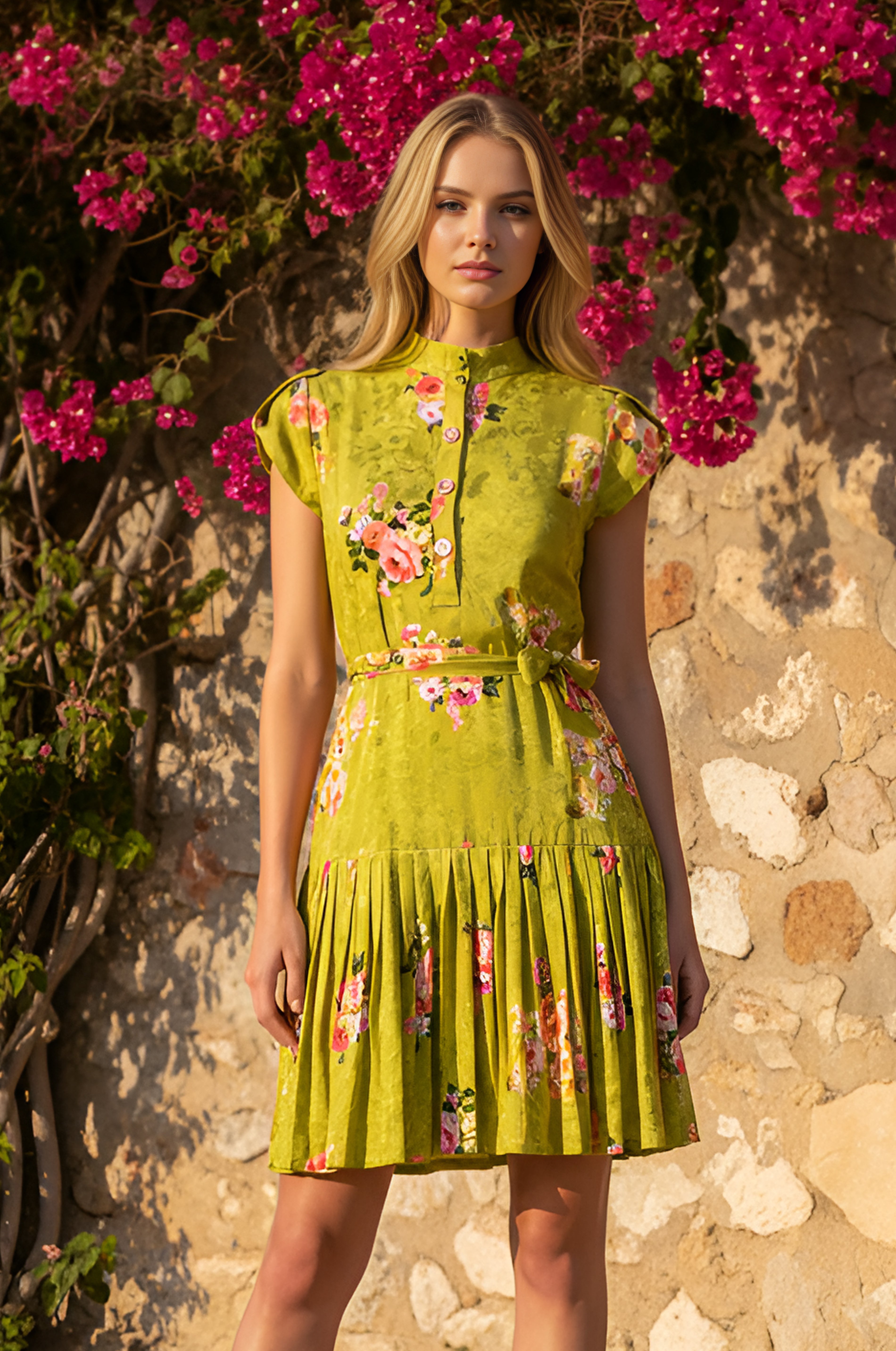 A woman wearing the Olive Bloom Floral Short Casual Dress: Emma stands in front of a stone wall with pink flowers in the background.